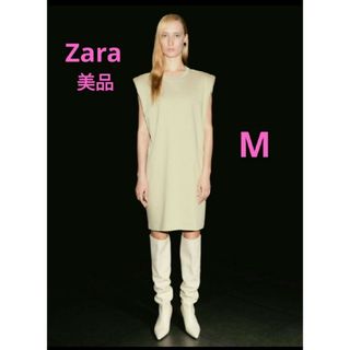 ザラ(ZARA)の美品 ZARA 肩パッド ワンピース 袖なし ベージュ コットン 夏 Ｔシャツ(ひざ丈ワンピース)