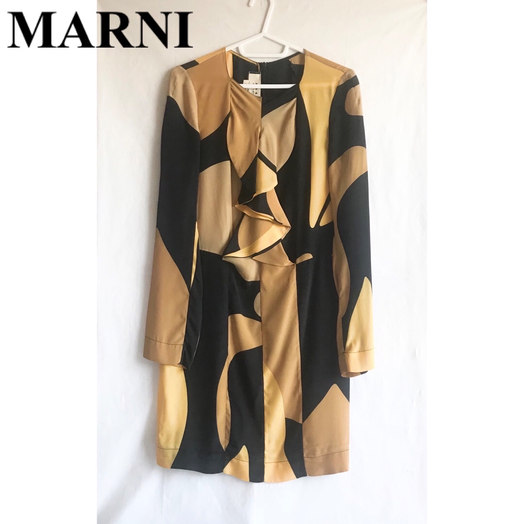 Marni(マルニ)のマルニ★ラッフルフリルワンピース38/イエロー×ベージュ×ブラック/長袖/シルク レディースのワンピース(ひざ丈ワンピース)の商品写真