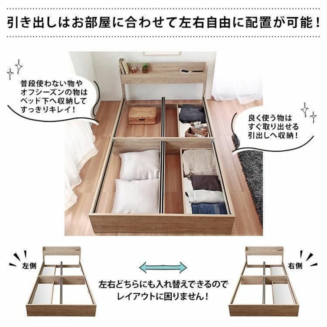 ダブル】引出し収納付きベッドフレーム マットレス無し グレーの通販