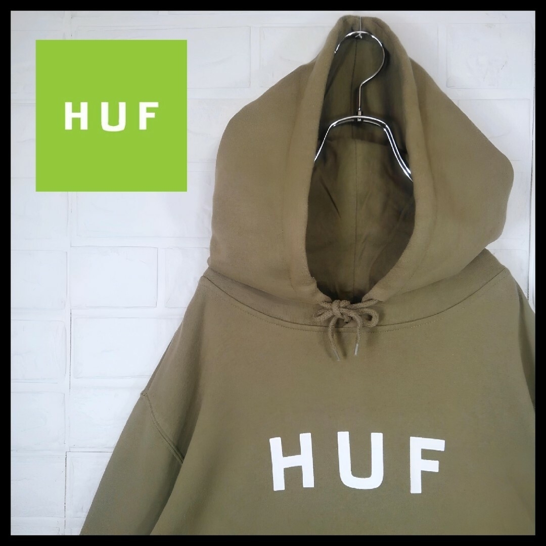 《HUF(ハフ)》ロゴ　裏起毛　ビッグシルエット　プルオーバーパーカー　ベージュ
