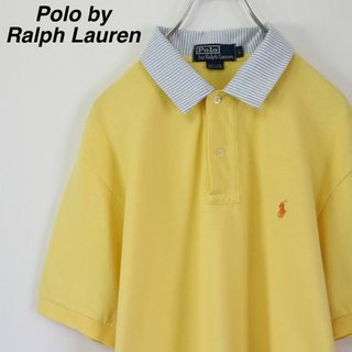 ポロラルフローレン(POLO RALPH LAUREN)の【希少】ポロバイラルフローレン／ポロシャツ　刺繍ロゴ　衿　ストライプ切替　L　黄(ポロシャツ)