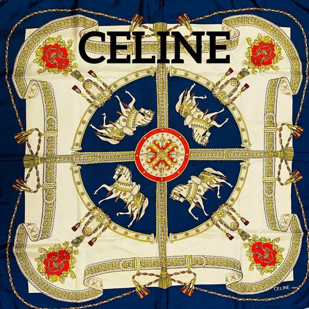 ★CELINE★ 大判スカーフ 馬 ベルト タッセル ネイビー ホワイト タグ無