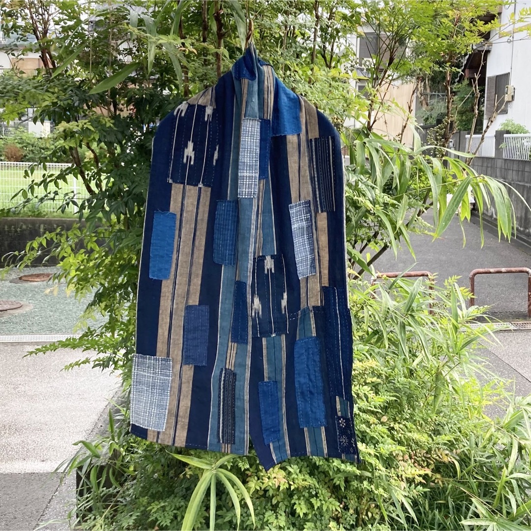 2082 襤褸 ストール 古布 リメイク 刺し子 パッチワーク 草木染めの