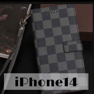 チェック柄 手帳型 iPhoneケース iPhone14 ブラック(iPhoneケース)