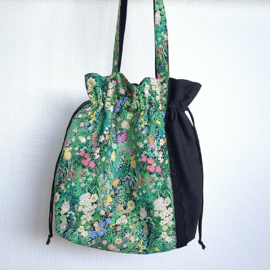 ユキエモン☆肩掛け巾着バッグ（ボタニカルフラワー） ハンドメイドのファッション小物(バッグ)の商品写真