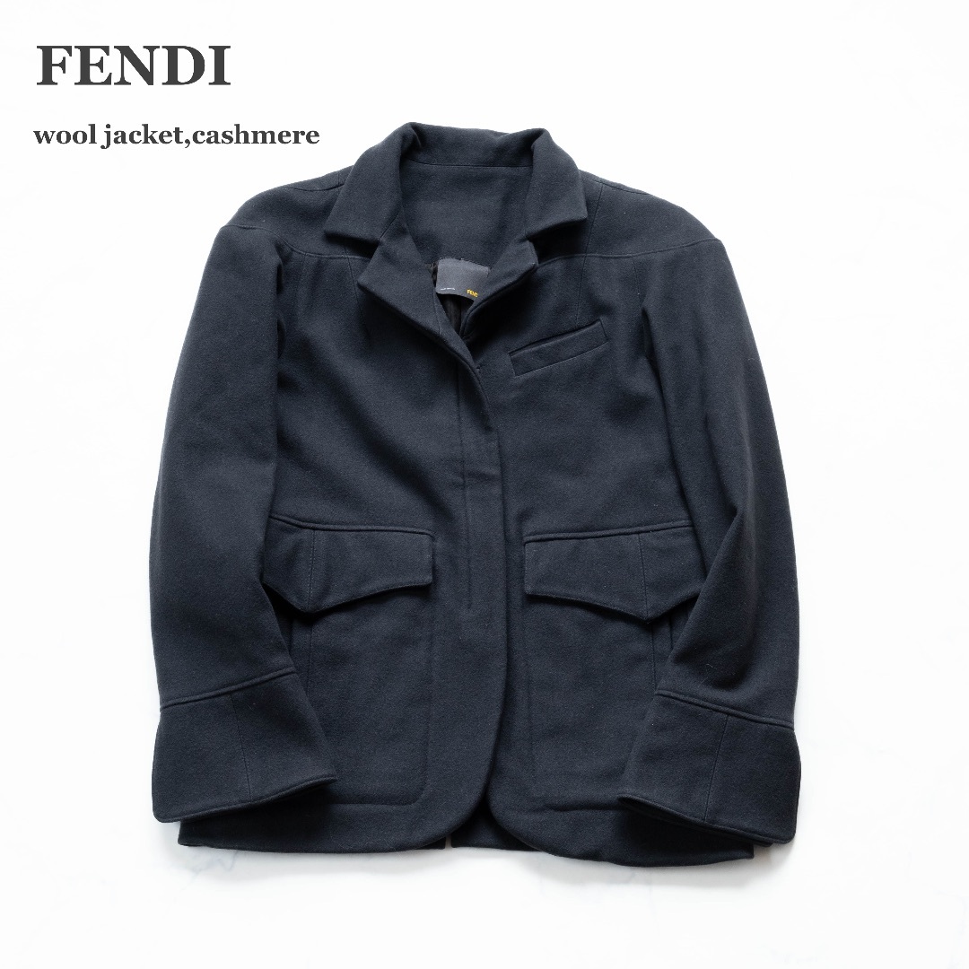 【FENDI】フェンディ　ジャケット　カシミヤ混　ジップアップ　ブラック　M