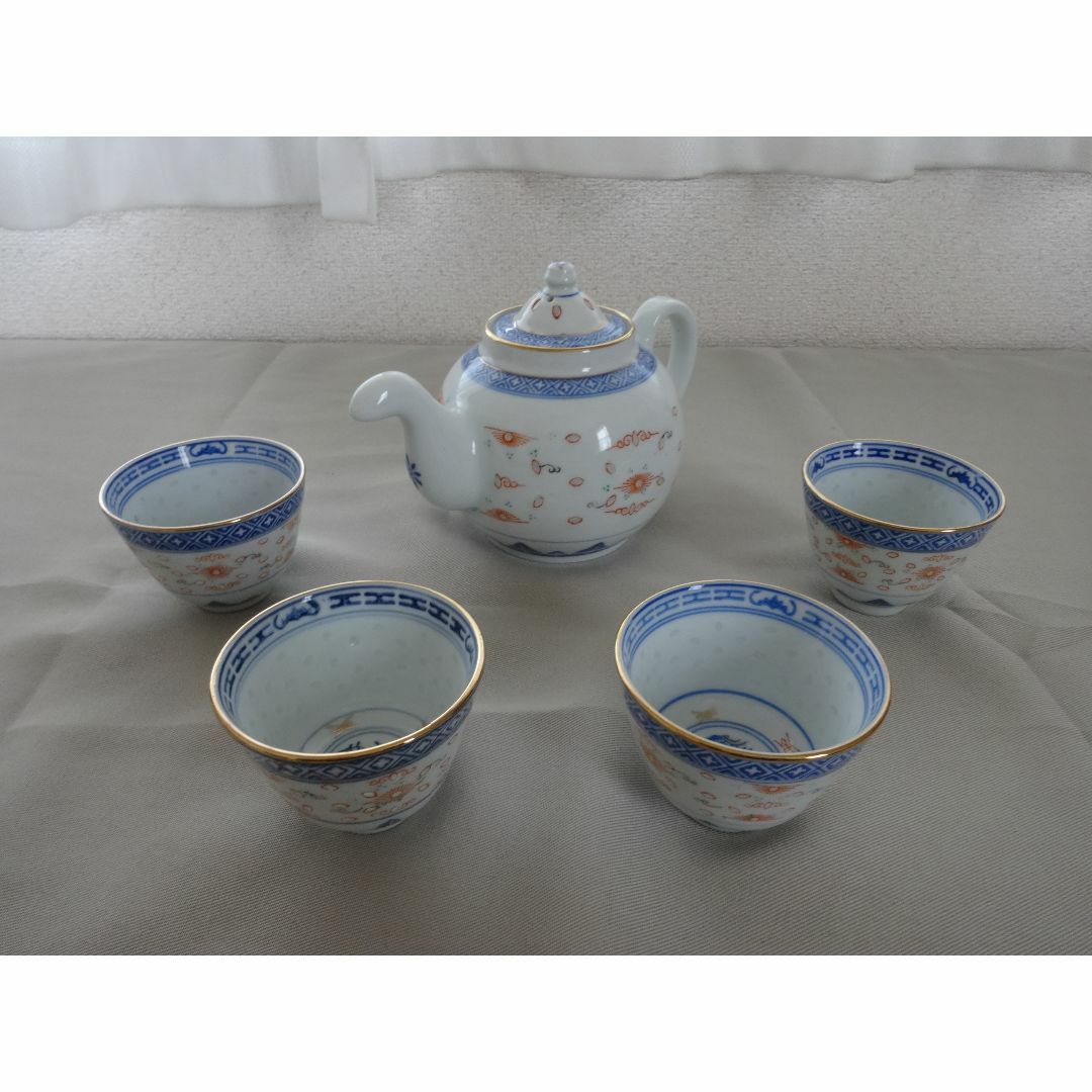 ■中国景徳鎮 急須 ＆ 湯呑４客 茶器 茶道具 煎茶器 煎茶道具 蛍焼 美品■