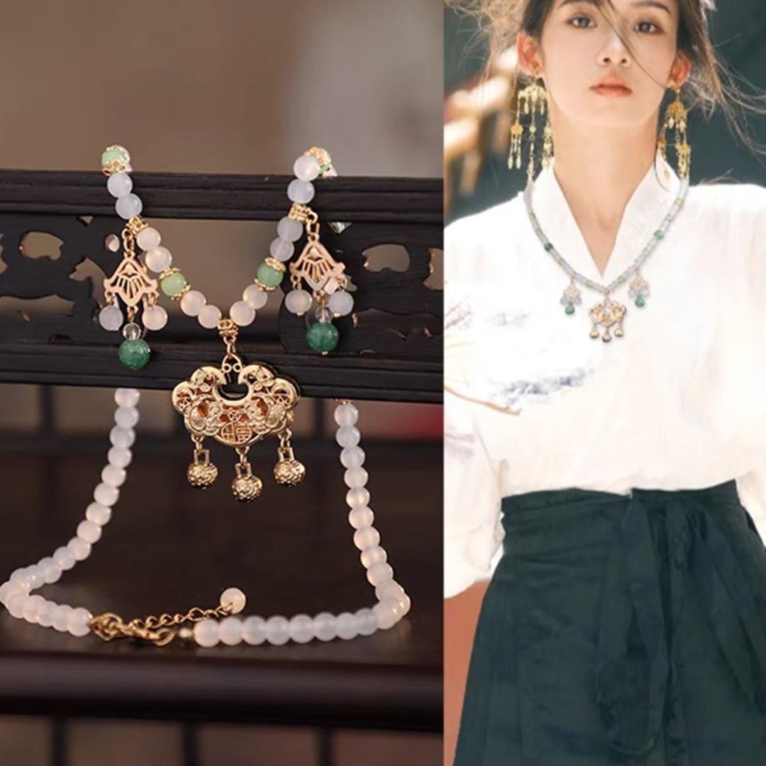 To Alice - 花絲平安鎖鈴蘭瓔珞 白緑金色ネックレス 中華風 着物 To Alice - 花絲平安鎖鈴蘭瓔珞 白緑金色ネックレス 中華風 着物