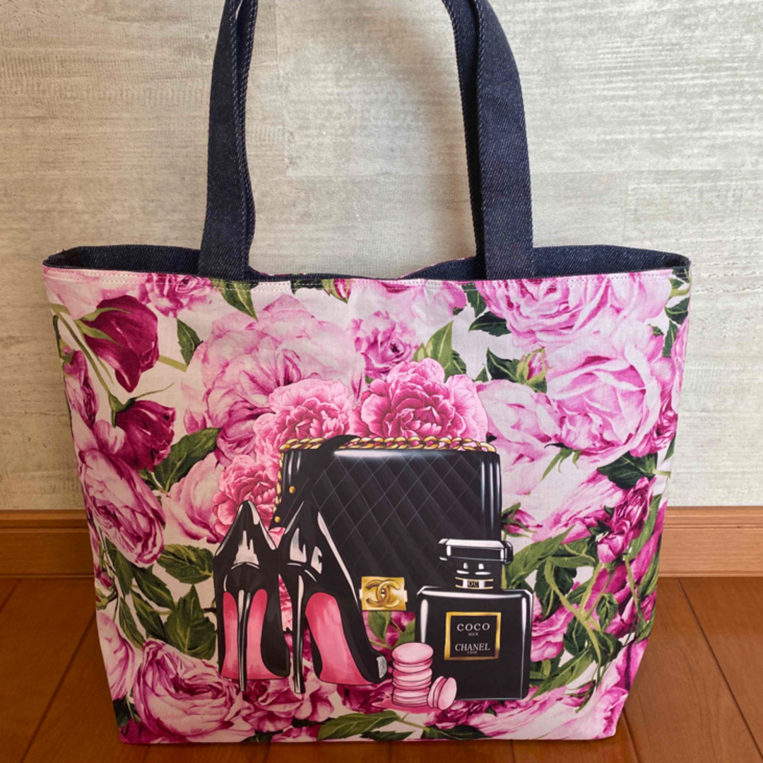 USA製薔薇柄生地 値下げ 香水柄 ハイヒール柄デニムトートバッグ1点