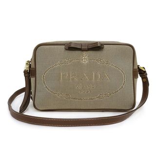 プラダ(PRADA)のプラダ ショルダーバッグ 斜め掛け LOGO JACQUARD キャンバス カーフスキン レザー CORDA コルダ BRUCIA ブルッチャ ブラウン ベージュ 茶 ゴールド金具 1BH089 PRADA（未使用保管品）(ショルダーバッグ)