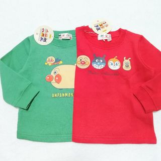 アンパンマン(アンパンマン)の新品　100cm　アンパンマン　裏起毛長袖トレーナー　レッド×グリーン(Tシャツ/カットソー)