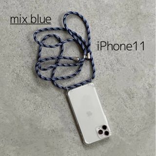 ショルダー ストラップ ボディフォンケース 青 iPhone11 ボーダー (iPhoneケース)