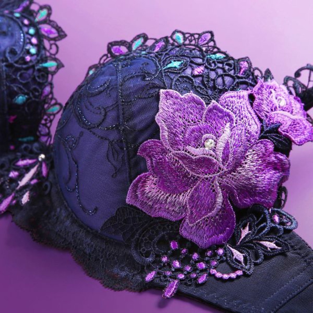 豪華絢爛♡ベルローズ刺繍ブラジャー&Tバック、新品未使用タグ付き(ネイビー)