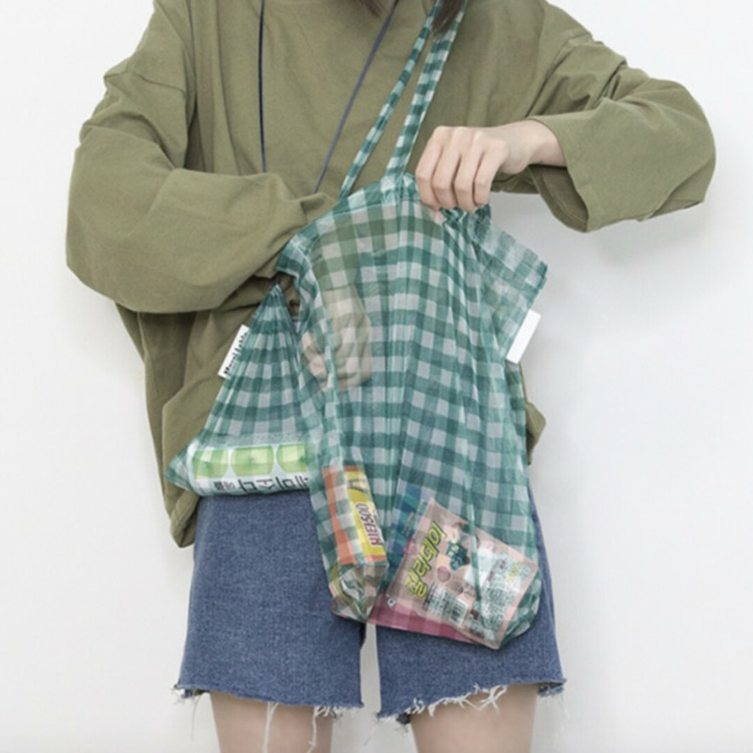 ギンガムチェック トートバッグ 巾着セット 緑 シースルー レディース 模様 レディースのバッグ(トートバッグ)の商品写真
