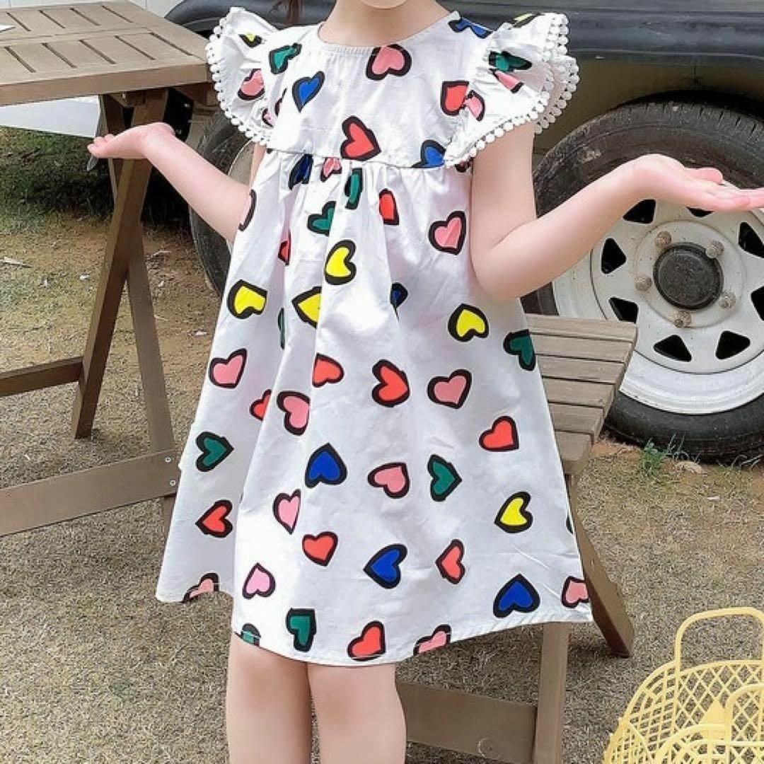 かわいい♡ハートデザインワンピース 春夏 リゾート 女の子 子ども服 120 キッズ/ベビー/マタニティのキッズ服女の子用(90cm~)(ワンピース)の商品写真