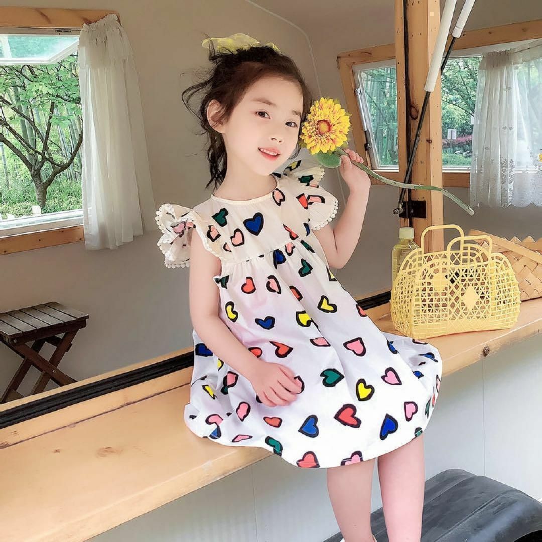 かわいい♡ハートデザインワンピース 春夏 リゾート 女の子 子ども服 120 キッズ/ベビー/マタニティのキッズ服女の子用(90cm~)(ワンピース)の商品写真