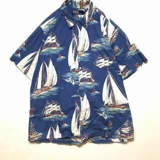 極美品 XL 半袖開襟 アロハ シャツ ポロラルフローレン 総柄 ネイビー 魚