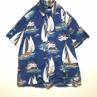 極美品 XL 半袖開襟 アロハ シャツ ポロラルフローレン 総柄 ネイビー 魚