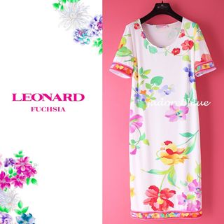 レオナール♡LEONARD♡総柄ワンピース ひざ丈 両サイドスリット フランス製