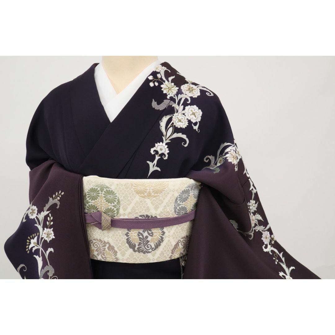 長尺◇刺繍□訪問着◇極上花唐草模様□黒紅色×黒鳶色◇袷正絹着物◇HP7