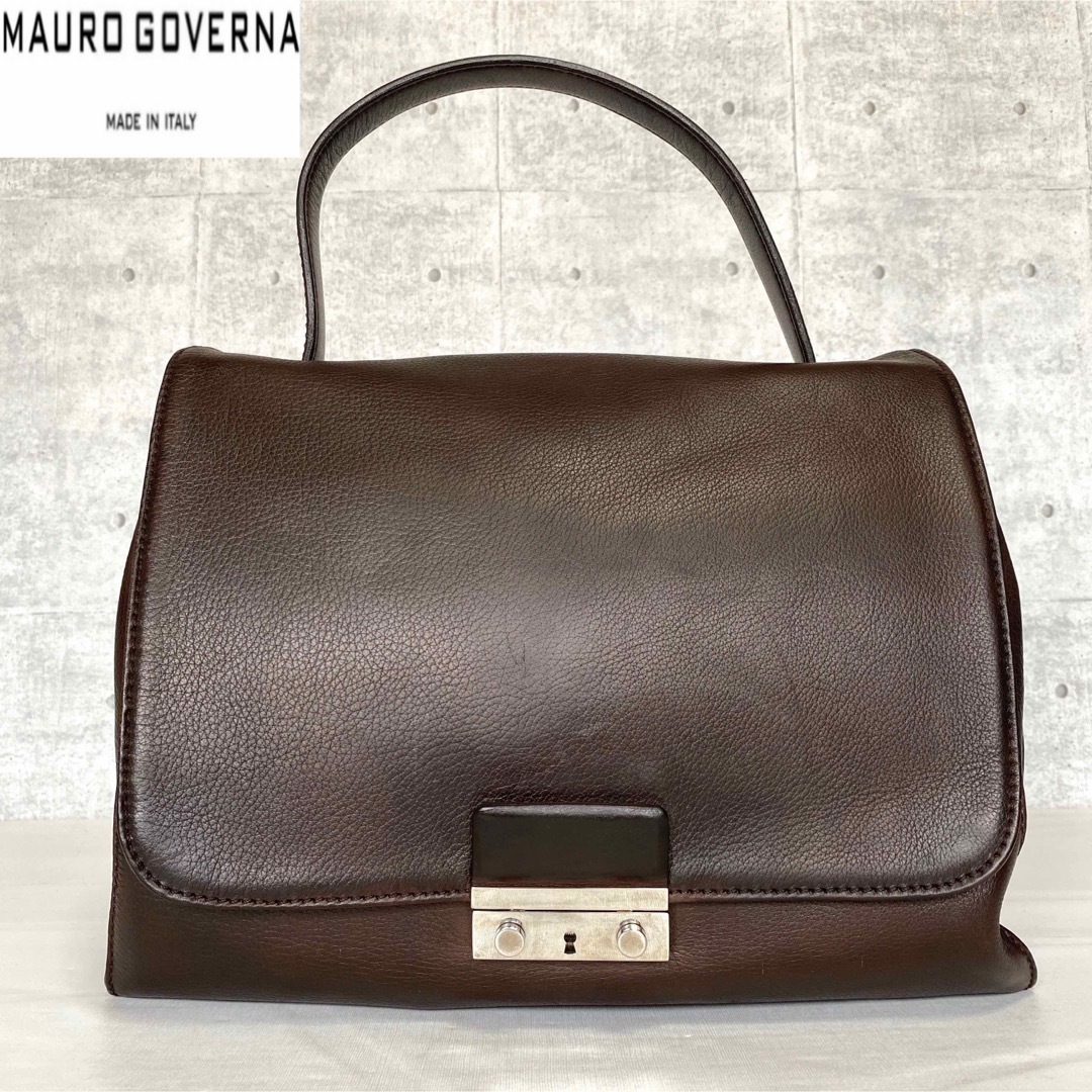 MAURO GOVERNA】チョコブラウン レザー シルバー金具 ハンドバッグ-