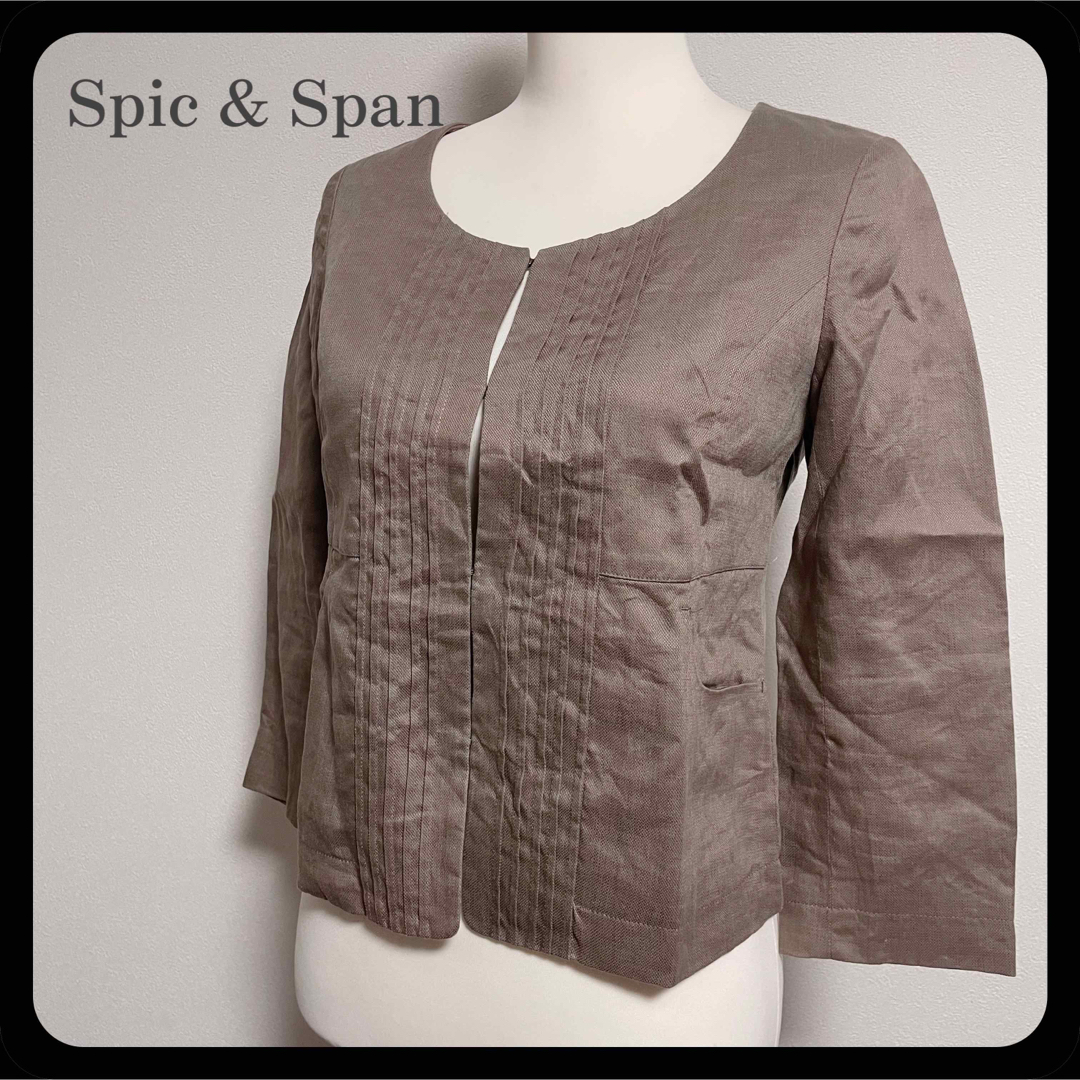 Spick & Span(スピックアンドスパン)のSpick&Span  ノーカラージャケット 麻 リネン グレージュ レディースのジャケット/アウター(ノーカラージャケット)の商品写真