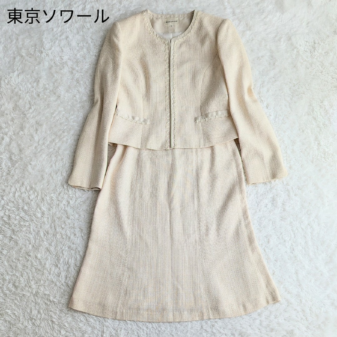 TOKYO SOIR - 東京ソワール フォーマルスーツ ノーカラー ラメ 花柄 M