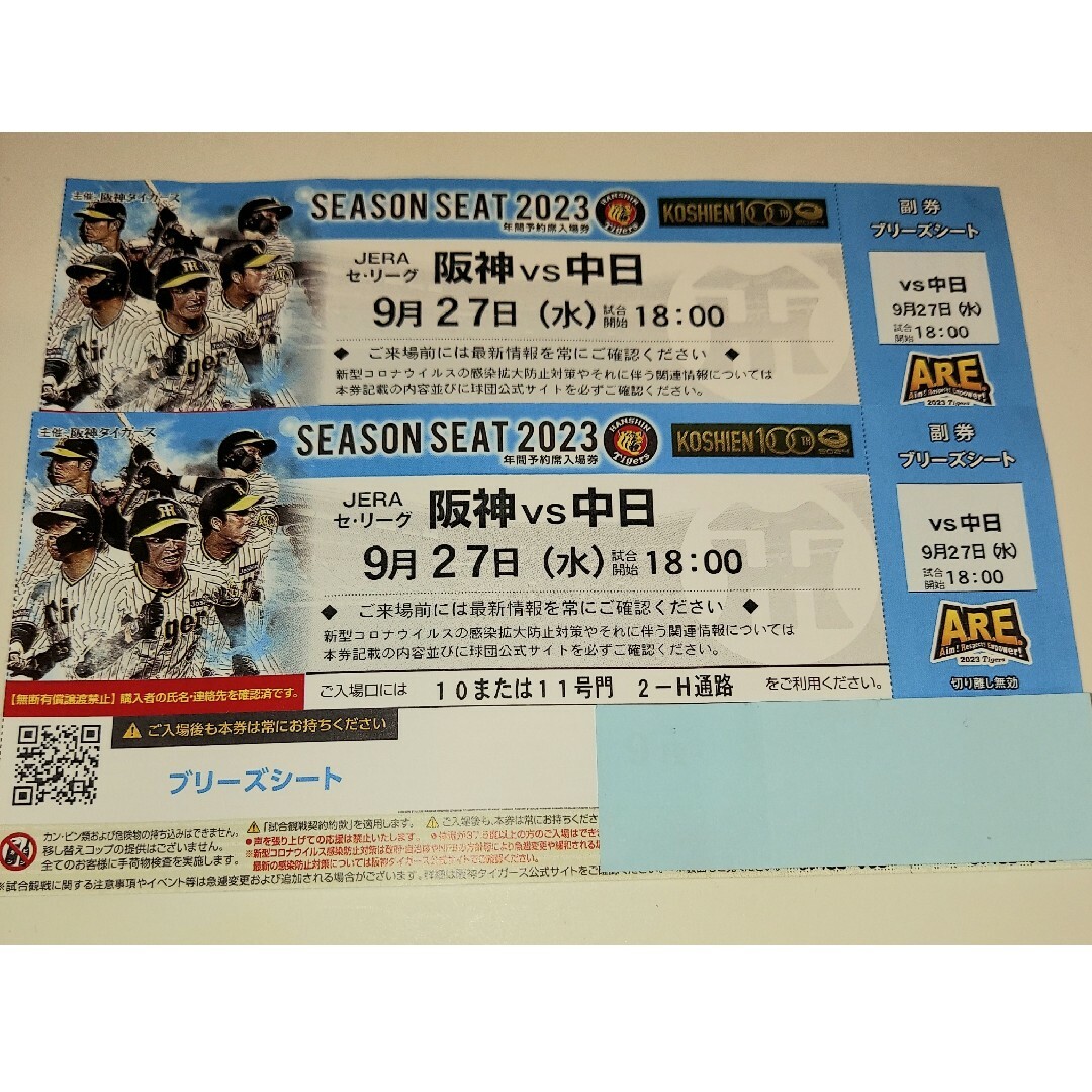 阪神VS中日　甲子園　ブリーズシート　チケットチケット