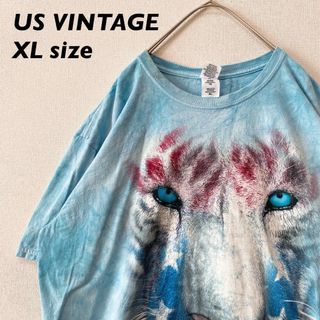 ギルタン(GILDAN)のUS古着　半袖Tシャツ　総柄　タイダイ柄　動物　トラ　虎　男女兼用　XLサイズ(Tシャツ/カットソー(半袖/袖なし))