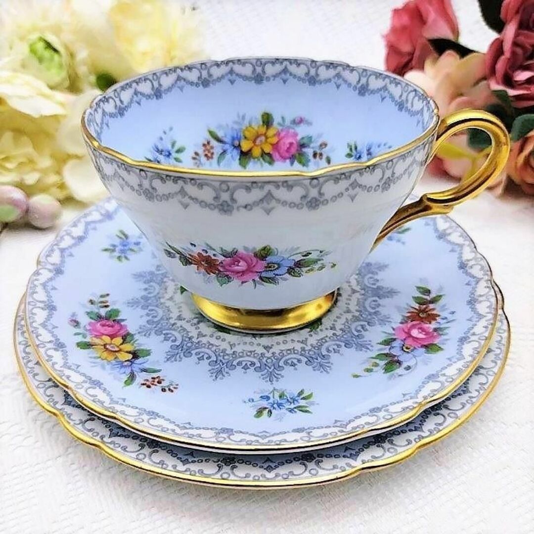 美品 英国 シェリーShelley クロッシェ ブルー トリオ カップソーサー