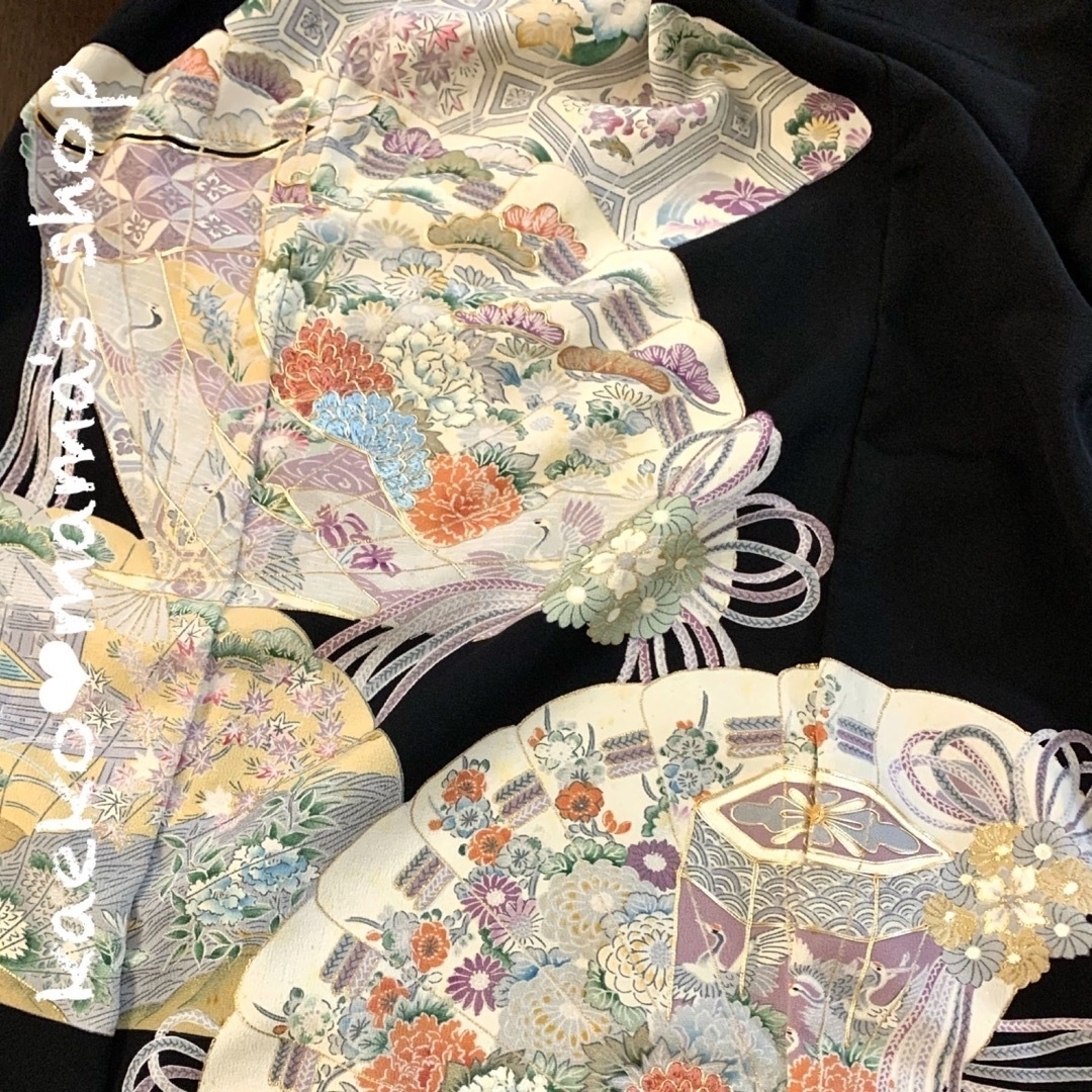 サルエルパンツ✿扇✿総丈92㎝✿黒留袖✿和モダン(着物リメイク サルエルパンツ✿扇✿総丈92㎝✿黒留袖✿和モダン(着物リメイク