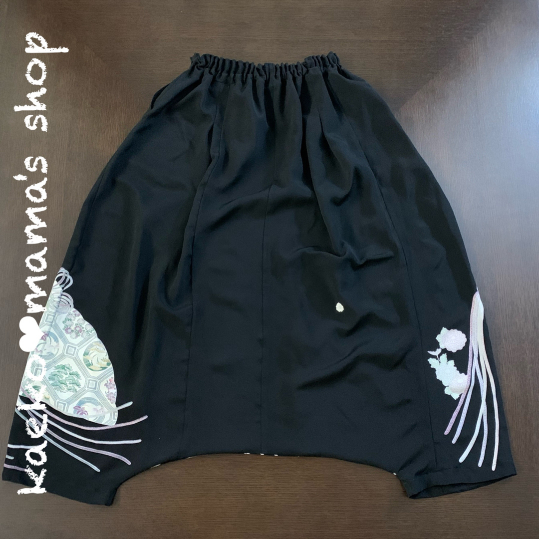 サルエルパンツ✿扇✿総丈92㎝✿黒留袖✿和モダン(着物リメイク サルエルパンツ✿扇✿総丈92㎝✿黒留袖✿和モダン(着物リメイク