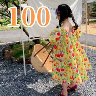 チューリップ柄 半袖 ワンピース 女の子 韓国 子ども服 チュチュ 100(ワンピース)