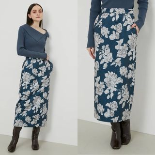 リエンダ(rienda)のrienda 新品 ヴィンテージフラワータイトZIPスカート M 花柄 秋冬 緑(ロングスカート)