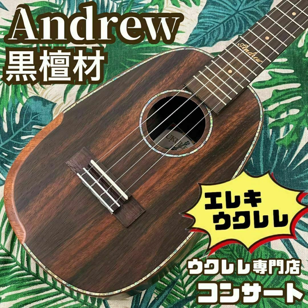 【Andrew ukulele】黒檀材(エボニー)のエレキ・コンサートウクレレ