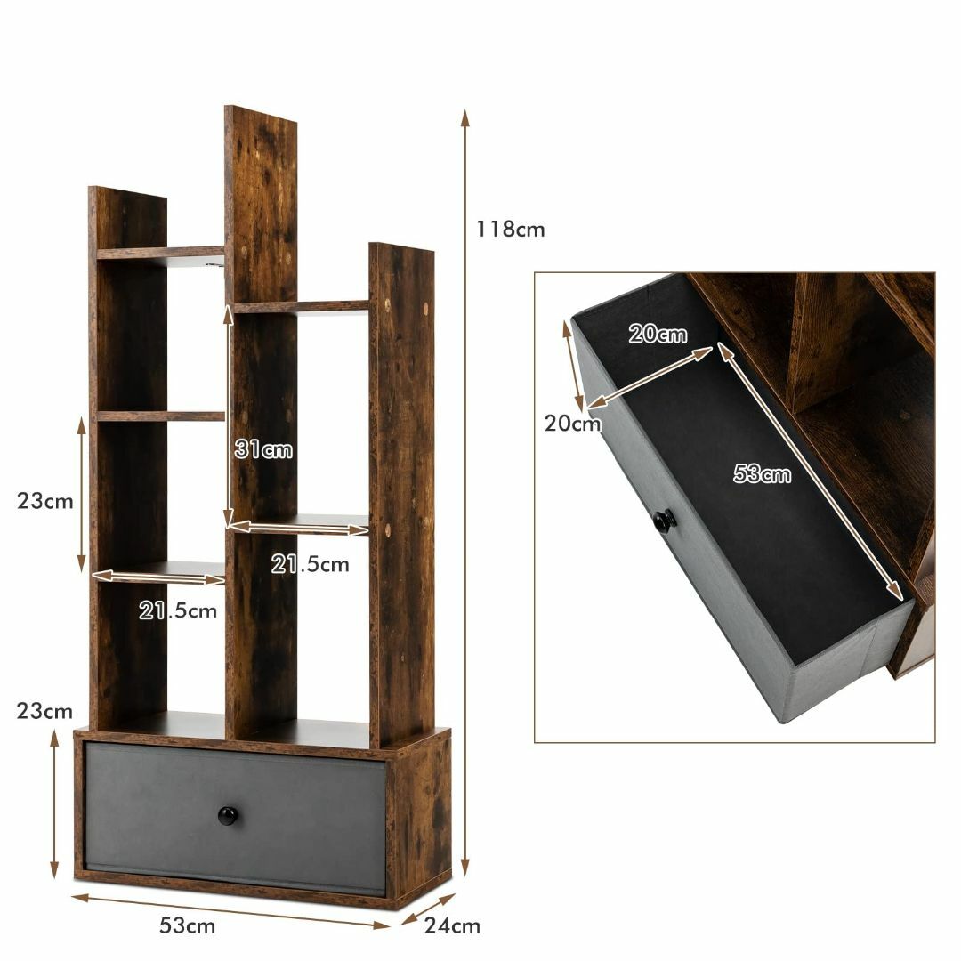 【色: 幅53cm-ブラウン】COSTWAY 本棚 ブックシェルフ ディスプレイ 6