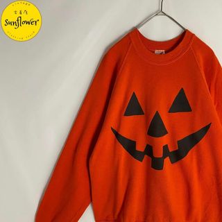 【スウェット　長袖　ラグランスリーブ　ハロウィン　プリント　オレンジ　古着】(スウェット)