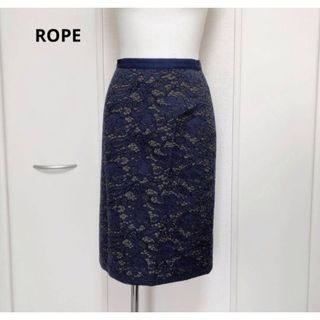 ロペ(ROPE’)のROPE ロペ　レース　タイト　ジャガード　スカート　ネイビー　36(ひざ丈スカート)