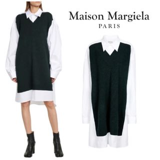 マルタンマルジェラ(Maison Martin Margiela)のダークグリーン　メゾンマルジェラ　シャツ　ウール　シャツワンピース　新品タグ付き(ひざ丈ワンピース)