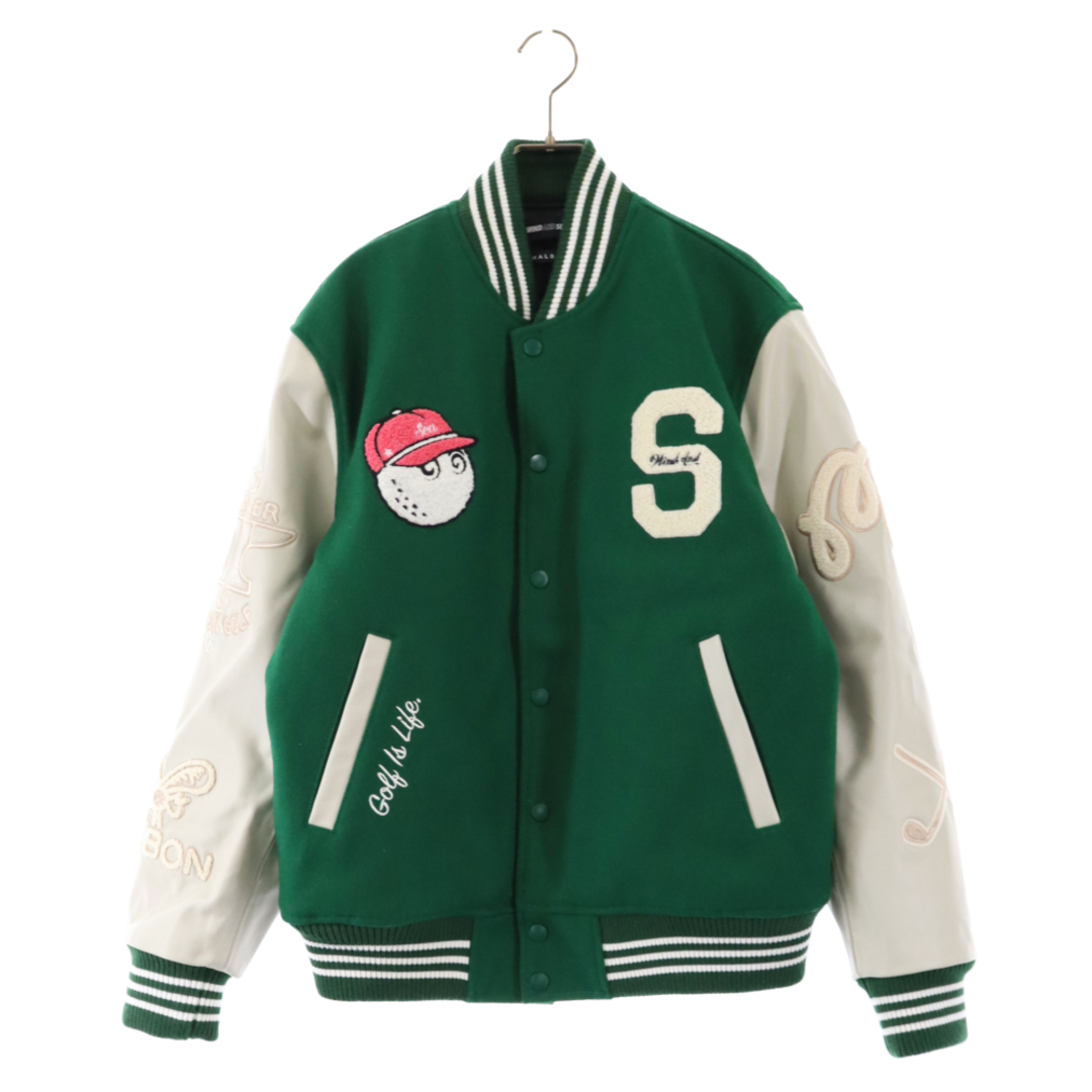 WIND AND SEA ウィンダンシー ×Malbon Golf マルボンゴルフ Varsity Jacket ロゴワッペン付き レザー切り替えウールバーシティジャケット グリーン WDS-C-MALB-23-Q2-01