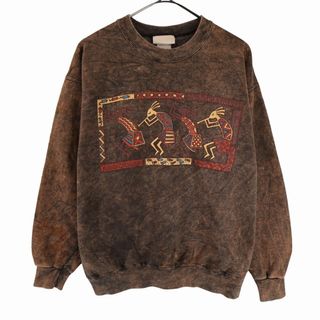 Hanes ヘインズ アート系 ケミカル スウェット 丸首 古代文明 ブラウン (メンズ M) 中古 古着 O3144(スウェット)