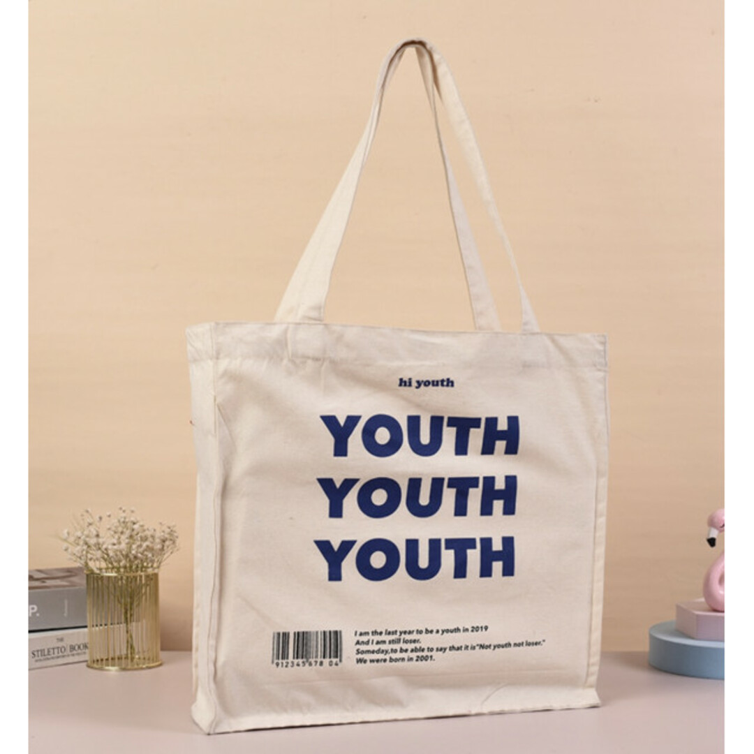youth 英字 ロゴ トートバッグ マチあり スリム きなり 韓国ファッション レディースのバッグ(トートバッグ)の商品写真