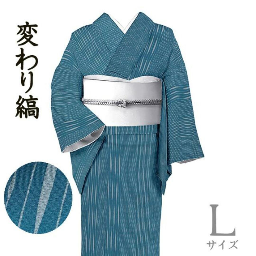着物だいやす 672□小紋□変わり縞文 縞小紋 花浅葱色 身長サイズ:L