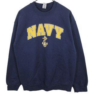 GILDAN ギルダン NAVY スウェット ミリタリー 丸首 トレーナー ネイビー (メンズ M) 中古 古着 O3383(スウェット)