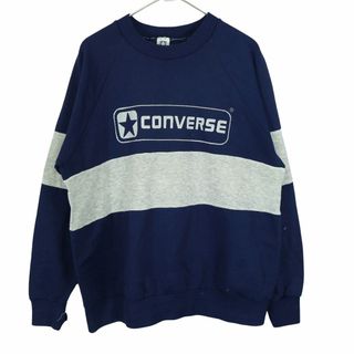 コンバース(CONVERSE)のUSA製 CONVERSE コンバース ロゴプリントスウェット ラグランスリーブ 丸首 トレーナー ネイビー (メンズ XL) 中古 古着 O3456(スウェット)