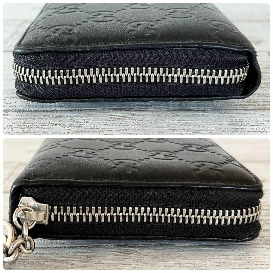 【 美品 】GUCCI グッチ GGロゴ シマレザー ラウンドジップ 長財布 黒