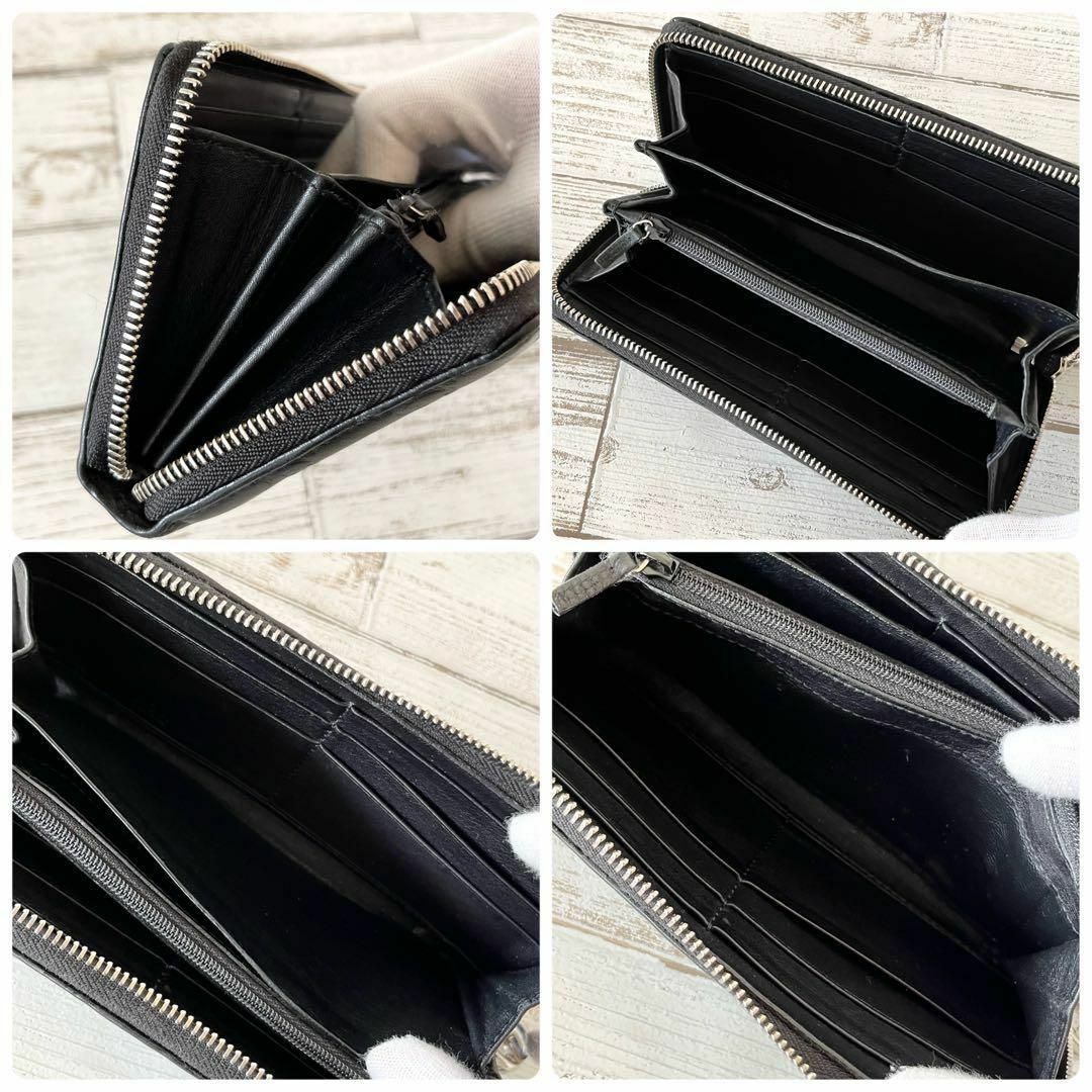 【 美品 】GUCCI グッチ GGロゴ シマレザー ラウンドジップ 長財布 黒