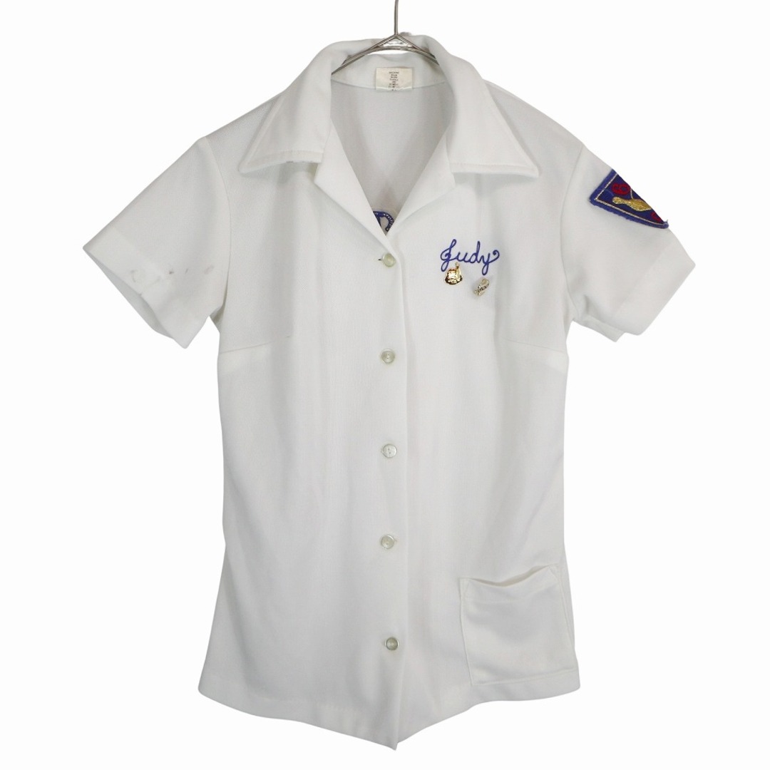 Mr.Mort's ボーリング半袖シャツ 刺繍  オープンカラー  ヴィンテージ ピンバッチ付き ホワイト (レディース XS)   O3507
