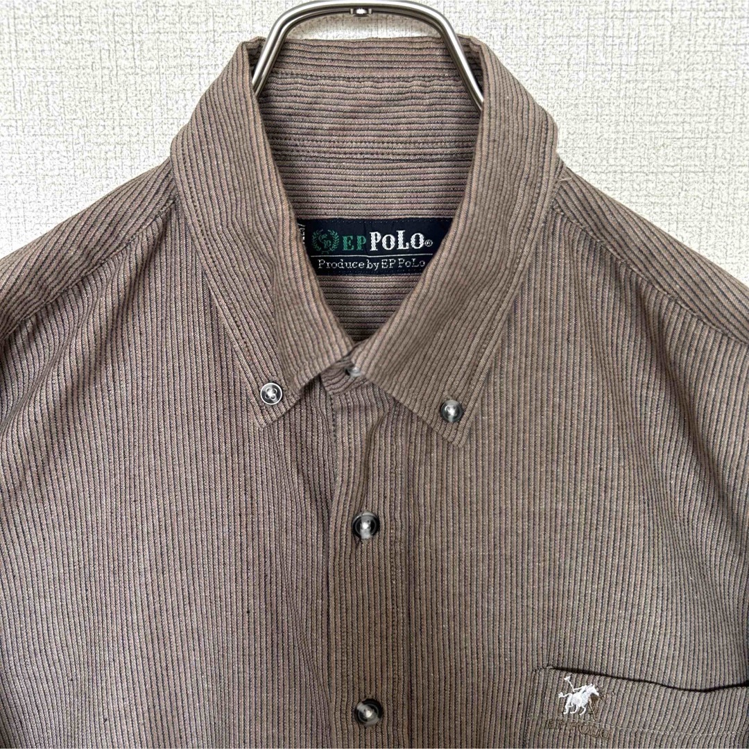 EP POLO シャツ　ストライプ　ブラウン　刺繍　古着　ヴィンテージ メンズのトップス(シャツ)の商品写真