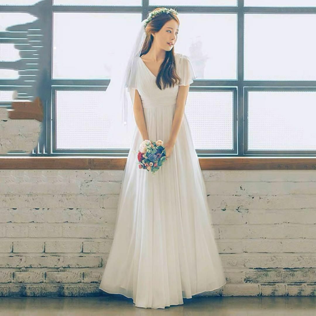 フォーマル/ドレスD1 ウェディングドレス　半袖　Aライン　二次会　ドレス　前撮り　結婚式